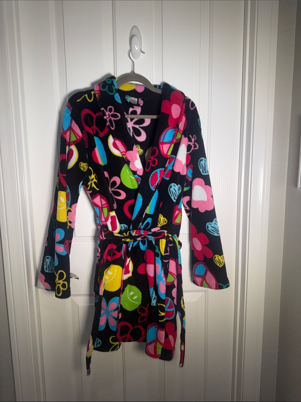 Black Floral Heart-Print Smiley Peace Sign Fleece Hooded Robe - Extremely Soft
